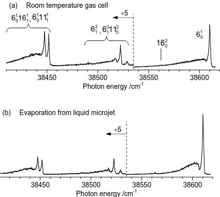 Figure 1    benzene. 1+1 Resonance-Enhanced MultiPhoton Ionization (REMPI) spectra of the 61  vibronic transition of   (a)0 under room-temperature gas cell conditions