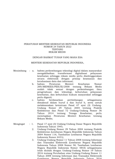 Peraturan Menteri Kesehatan Republik Indonesia Nomor 24 Tahun 2022 Tentang Rekam Medis Dengan 1067