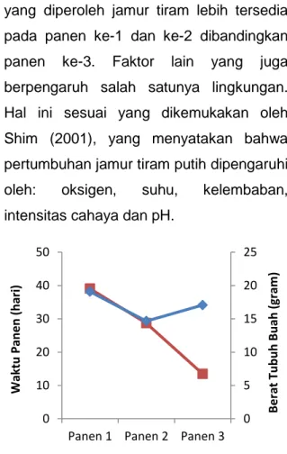 Gambar 6  Grafik  korelasi  antara  jumlah  tangkai  dan  berat  tubuh  buah  berdasarkan waktu panen