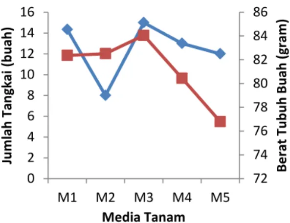 Gambar 4  Grafik  korelasi  jumlah  tangkai  dan  berat tubuh buah berdasarkan lama  pengomposan media tanam