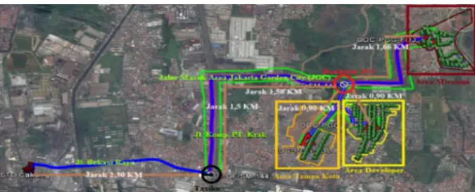 Gambar 2. Jaringan FTTH Menggunakan Software Google Earth Pada Area Jakarta Garden City 