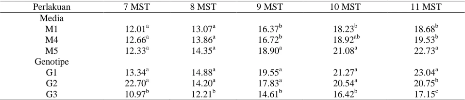 Tabel  10.  Pertumbuhan  Tinggi  Tanaman  Pepaya  di  Lapangan  pada  Beberapa  Jenis  Media  Tanam  dan  Genotipe  Perlakuan  7 MST  8 MST  9 MST  10 MST  11 MST  Media   M1  12.01 a 13.07 a 16.37 b 18.23 b 18.68 b M4  12.66 a 13.86 a 16.72 b  18.92 ab 19