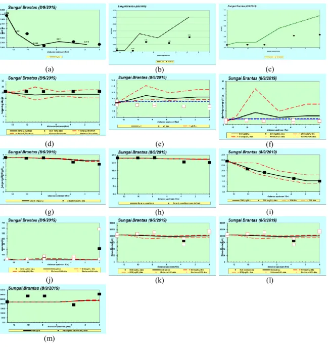 Gambar 2. Visualisasi Simulasi Kualitas Air (a) Kedalaman Sungai Lokasi Sampling; (b) Kecepatan Air  Lokasi Sampling (c) Debit Air Lokasi Sampling; (d) Suhu Air pada Lokasi Sampling; (e) pH Air Sungai; 