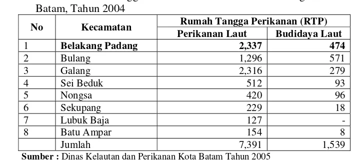 Tabel 12. Jumlah Rumah Tangga Menurut Kecamatan dan Jenis Kegiatan di Kota Batam, Tahun 2004 
