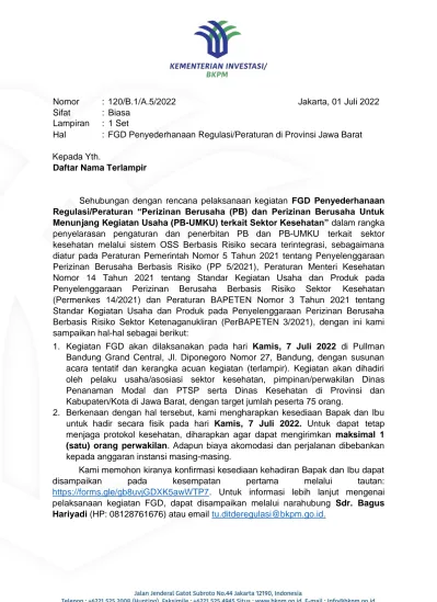 Nomor : 120/B.1/A.5/2022 Jakarta, 01 Juli 2022 Sifat : Biasa Lampiran ...