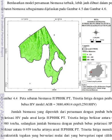 Gambar 4.4  Peta sebaran biomassa IUPHHK PT, Trisetia Intiga dengan peubah 