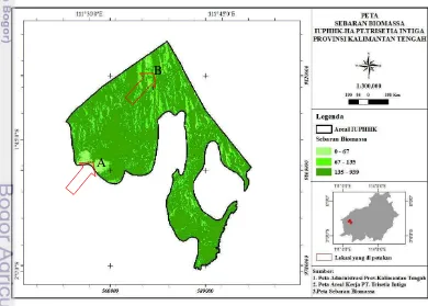 Gambar 4.5  Peta sebaran biomassa IUPHHK PT, Trisetia Intiga dengan peubah 