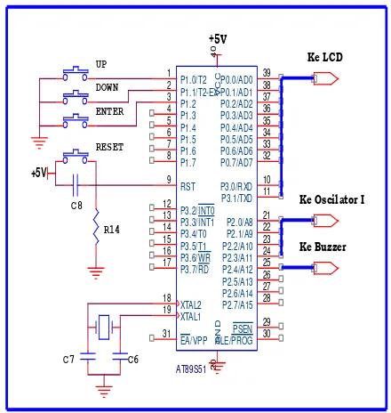Gambar 7. Rangkaian mikrokontroler AT89S51  pada pin 40 dan ground pada pin 20. Untuk pengontrolan dilakukan melalui pin-pin yang terdiri dari beberapa port