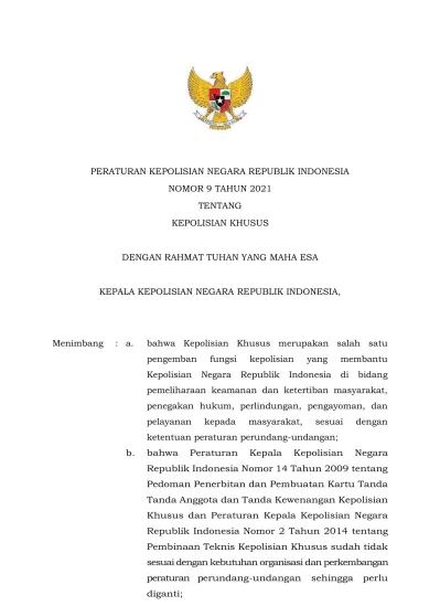 PERATURAN KEPOLISIAN NEGARA REPUBLIK INDONESIA NOMOR 9 TAHUN 2021 ...