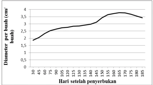 Gambar  4.  Perkembangan  diameter  buah  segar  kelapa  sawit  per  buah  yang  diamati  mulai  umur 30 HSP sampai 185 HSP