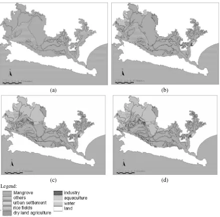 Figure 2.  Temporal and spatial conversion of mangrove forest of Segara Anakan since 1978 (a); 1987 (b); 1995 (c) and 2003 (d)