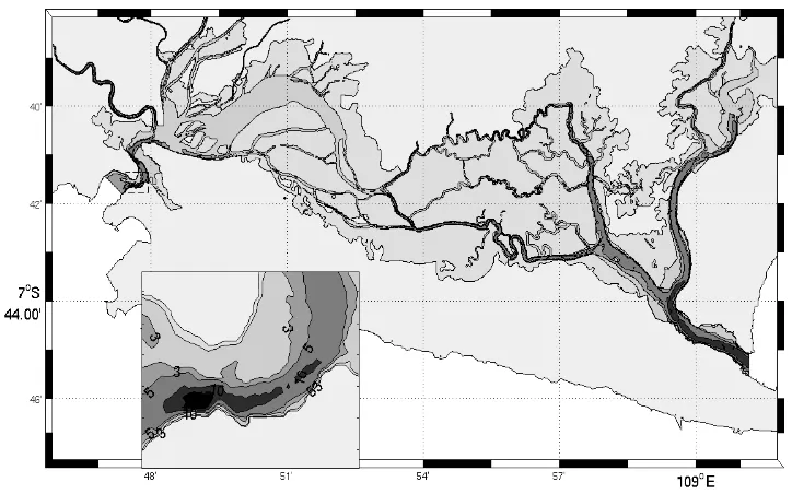 Figure 1. Bathymetry of the Segara Anakan lagoon. Inset shows depth contours in the  Plawangan channel, the western connection of the lagoon to the Indian Ocean