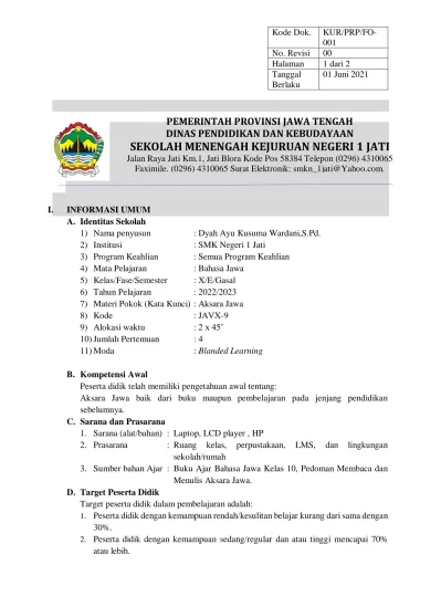 Kode Dok. KUR/PRP/FO- 001 No. Revisi 00 Halaman 1 Dari 2 Tanggal 01 ...