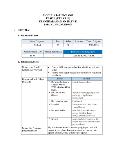 MODUL AJAR BIOLOGI FASE E (KELAS 10) KEANEKARAGAMAN HAYATI SMA N 1 ...