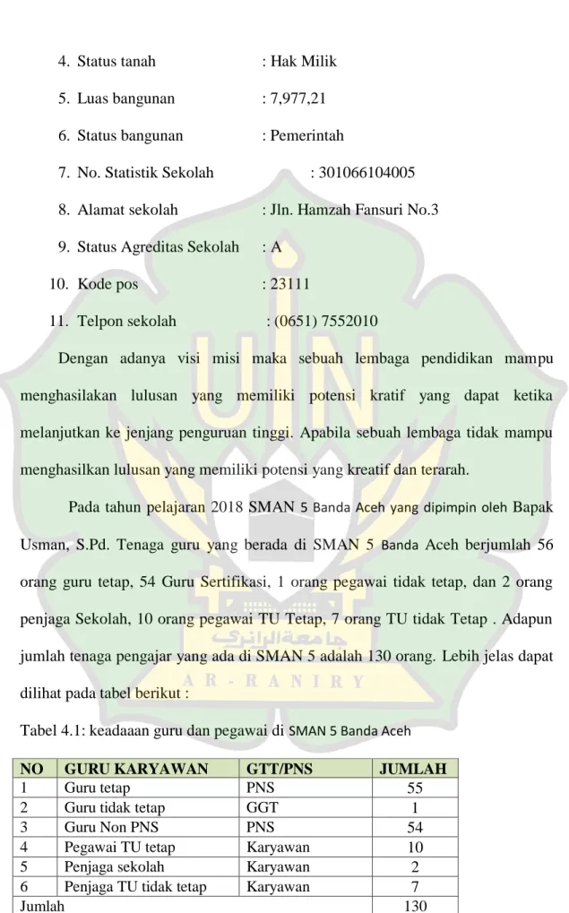 Tabel 4.1: keadaaan guru dan pegawai di  SMAN 5 Banda Aceh