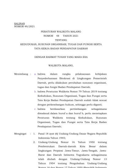 PERATURAN WALIKOTA MALANG NOMOR 48 TAHUN 2021 TENTANG KEDUDUKAN ...