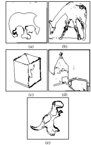 Figure 6. The original image dataset in 128 x 128 (a) Apple Logo (b) Giraffe (c) Box (d) Church (e) Dinosaur 