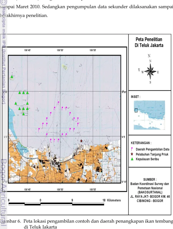 Gambar 6.  Peta lokasi pengambilan contoh dan daerah penangkapan ikan tembang  di Teluk Jakarta 