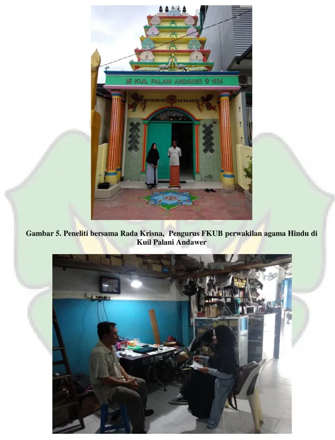 Gambar 5. Peneliti bersama Rada Krisna,  Pengurus FKUB perwakilan agama Hindu di  Kuil Palani Andawer 