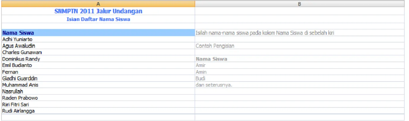Gambar 13.  Pengisian daftar Siswa pada Berkas Excel 