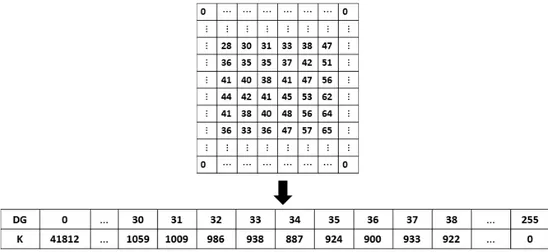 Gambar 4.4 Perhitungan Jumlah Kemunculan Nilai Piksel pada Citra Grayscale
