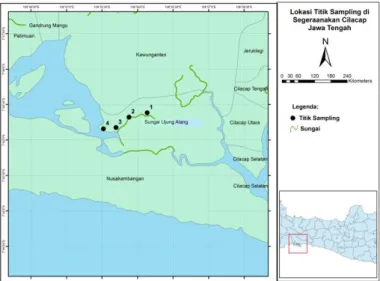 Gambar 1. Peta loakasi penelitian dan titik sampling di Ujung Alang Segara Anakan Cilacap  Jawa Tengah 
