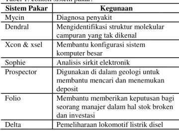 Tabel 1. contoh sistem pakar: 