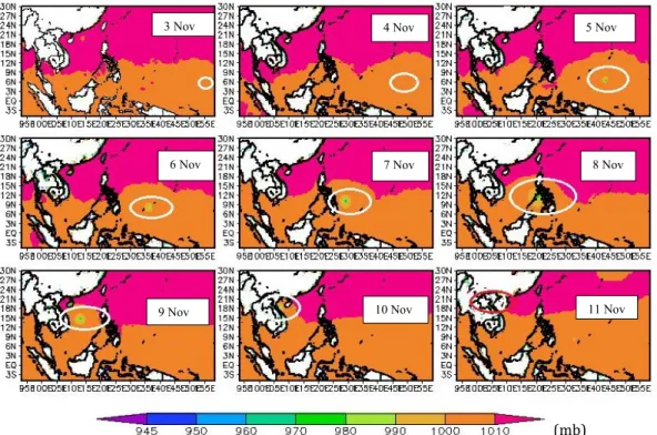 Gambar 8 memperlihatkan bahwa tekanan  permukaan  rendah  hanya  terjadi  pada  sistem  siklon, sedangkan wilayah disekitarnya memiliki  tekanan  permukaan  yang  normal  yaitu  sekitar  1000  mb