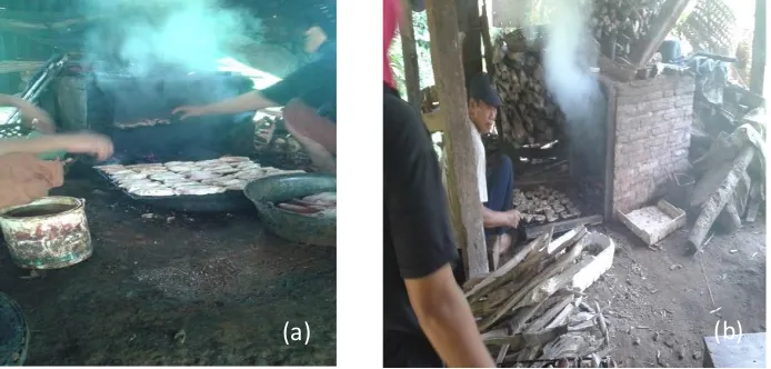 Gambar 1. Pengasapan ikan kapasitas kecil di kedua UKM, a) UKM Asri Ikan Asap dan, b) dan UKM Panggang Ikan di desa Dermolo  