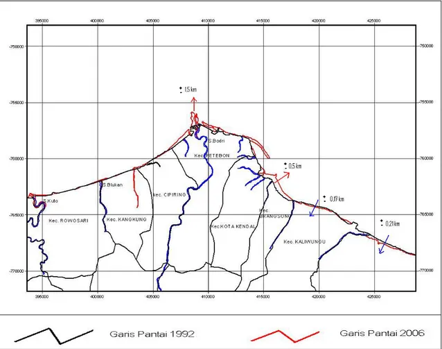 Gambar 4. Garis Pantai Hasil Analisis Citra Landsat 5 TM Tahun 1992 dan citra ALOS Tahun  2006 Kabupaten Kendal Jawa Tengah