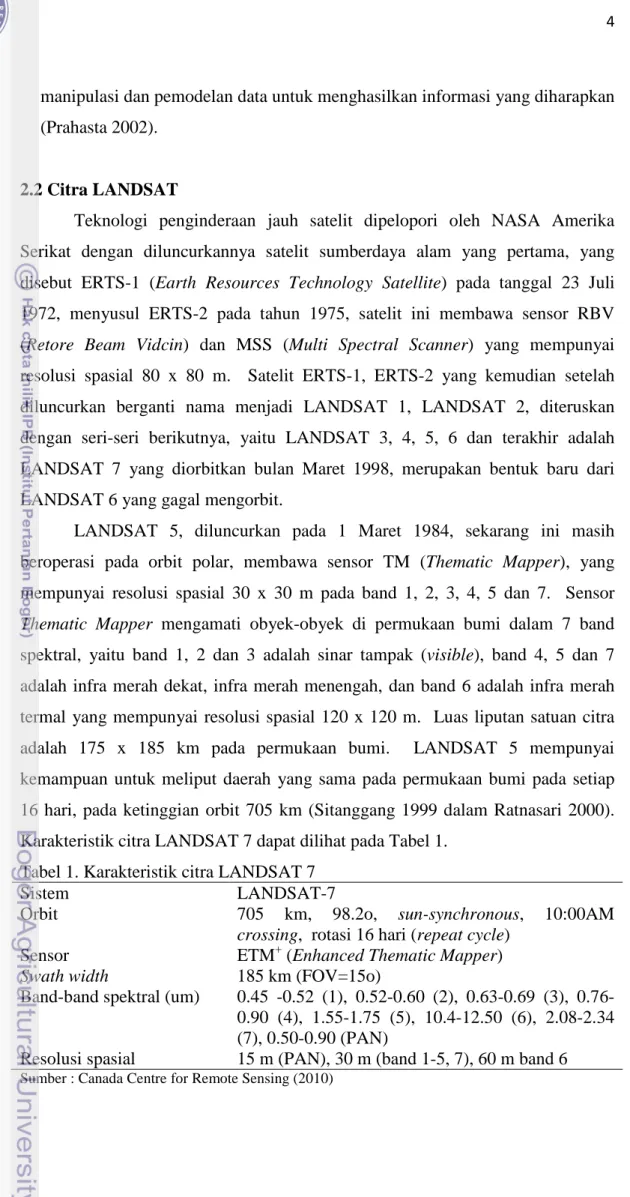 Tabel 1. Karakteristik citra LANDSAT 7 