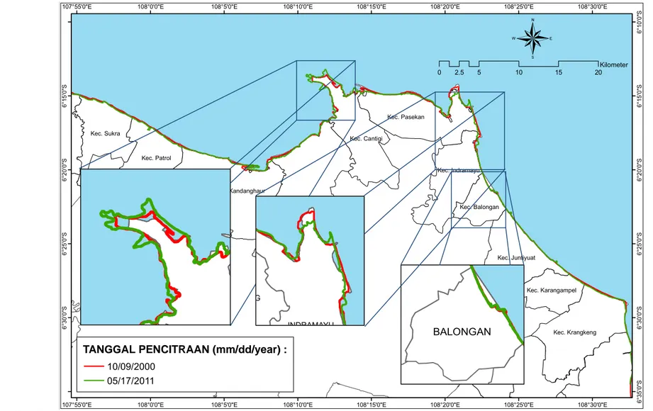 Gambar 12. Hasil analisa perubahan garis pantai Indramayu dengan menggunakan citra Landsat tahun perekaman 2000 dan 2011 Kec
