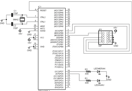Gambar 20. Skematik sirkuit dasar ATmega32 beserta indikator LED Catu Daya 