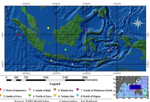 Gambar 1. Lokasi ekstraksi data anomali paras laut satelit altimetry di perairan Indonesia