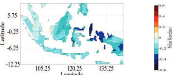 Gambar  3.2  Korelai  spasial  antara  EMI  dan  CH  di  Indonesia berdasarkan tahun-tahun terjadinya El  Nino Modoki 