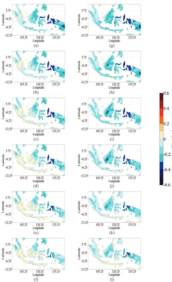 Gambar 3.4 Korelasi spasial EMI dan curah hujan di wilayah Indonesia dengan (a) Lag 1 bulan, (b) Lag 2 bulan,  (c) Lag 3 bulan, (d) Lag 4 bulan, (e) Lag 5 bulan, (f) Lag 6 bulan, (g)  Lead 1 bulan, (h) Lead 2 bulan, (i)  Lead 3 bulan, (j) Lead 4 bulan, (k)