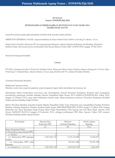 Putusan Mahkamah Agung Nomor : 3539/B/PK/Pjk/2020