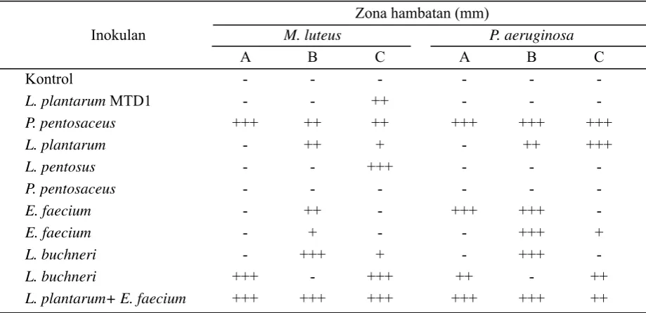 Tabel 5. Aktivitas antibakteri silase dengan berbagai inokulan BAL terhadap Micrococcus luteus dan Pseudomonas aeruginosa