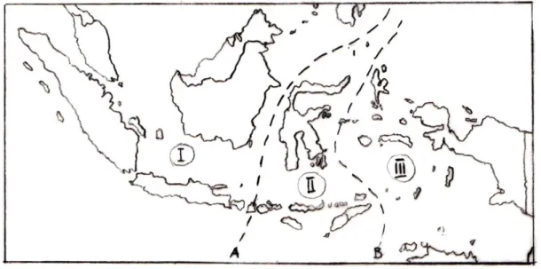 Gambar  2.  Garis-garis  batas  iktiogeografi  di  kepulauan  Indonesia.  A.  Garis  Wallace,  B