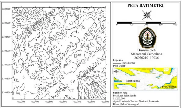Gambar 4. Peta Batimetri di Perairan Anyer, Banten Menggunakan Surfer 12  Morfologi Dasar Laut 3D 