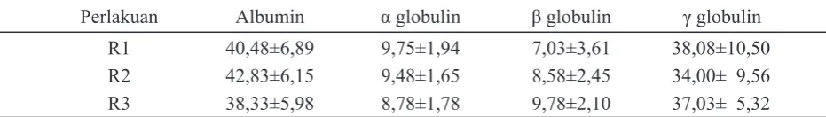 Tabel 5. Gambaran albumin dan α, β, γ globulin darah sapi potong yang mendapat ransum perlakuan (%)