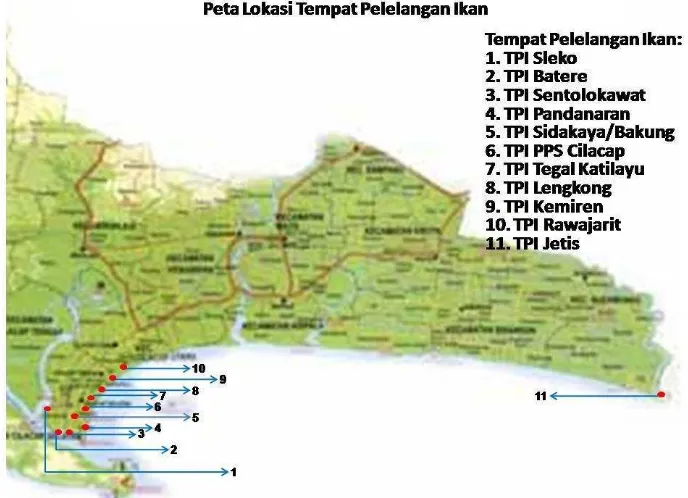 Gambar 2.1  Peta Kabupaten Cilacap dan Lokasi TPI Sebagai Lokasi Penelitian (Pangesti, 2011) 