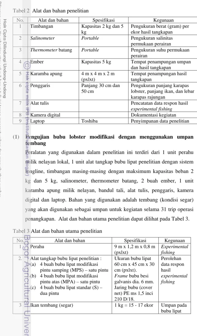 Tabel 2  Alat dan bahan penelitian    