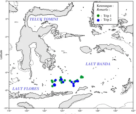 Gambar 3.  Daerah penangkapan tuna long line di perairan Laut Banda pada bulan Oktober sampai dengan  Desember 2002