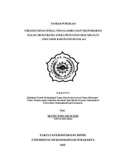 NASKAH PUBLIKASI Strategi Dinas Sosial, Tenaga Kerja Dan Transmigrasi ...