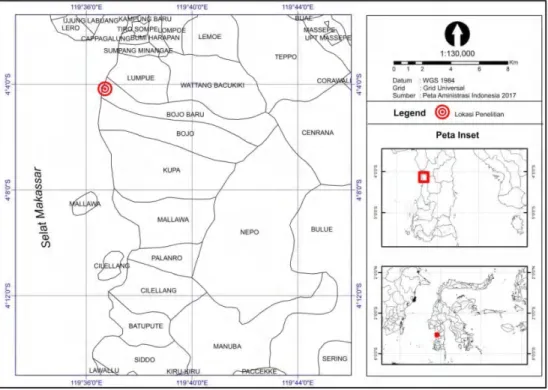 Gambar  3.  Peta  lokasi  pengambilan  sampel  ikan  gabus  ( Channa  striata,  Bloch  1793)  di  Sungai  Bojo  Kabupaten  Barru  (Sumber:  peta  amistrasi  Indonesia 2017) 