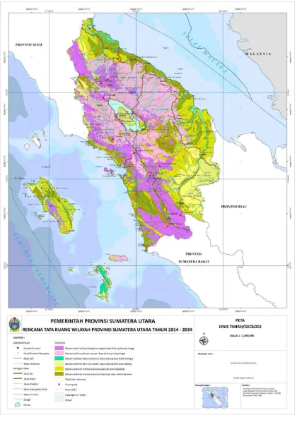 Gambar 2. 4. Peta Jenis Tanah/Geologi Provinsi Sumatera Utara  Sumber : Rencana Tata Ruang Wilayah Provsu Tahun 2014-2034 
