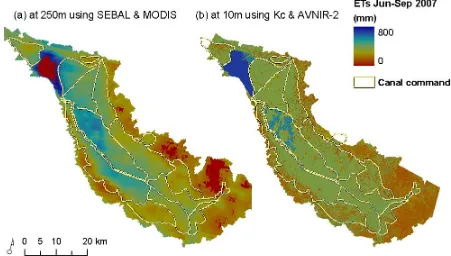Figure 2. ETs-MODIS (a), and ETs-ALOS (b) from June to September 2007 in the agricultural area of Strimon plain