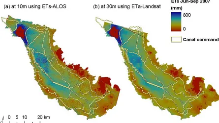 Figure 3. Resolution improved ETs-MODIS using ETs-ALOS at 10m (a), and ETa-Landsat at 30m (b)