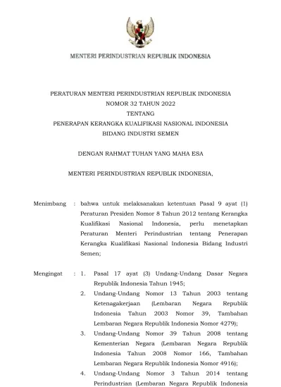 PERATURAN MENTERI PERINDUSTRIAN REPUBLIK INDONESIA NOMOR 32 TAHUN 2022 ...